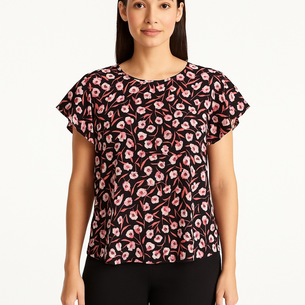 Ann Taylor Factory Blouse Womens Large Floral Short Sleeve Flutter Loose‎ Fit